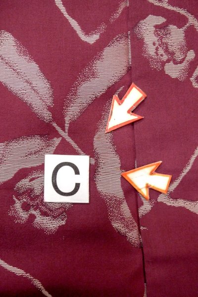 Photo16: O0712B Antique Japanese kimono  Dark Dark Red ORI woven for women / Silk. Flower   (Grade C) (16)