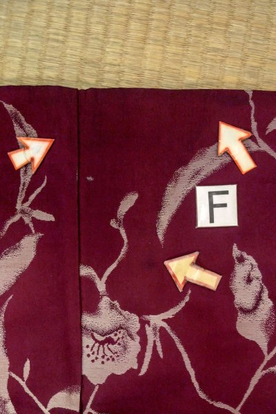 Photo19: O0712B Antique Japanese kimono  Dark Dark Red ORI woven for women / Silk. Flower   (Grade C) (19)