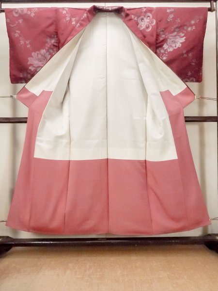 Photo2: O0712C Antique Japanese kimono   Dark Red ORI woven for women / Silk. Flower,   (Grade C) (2)