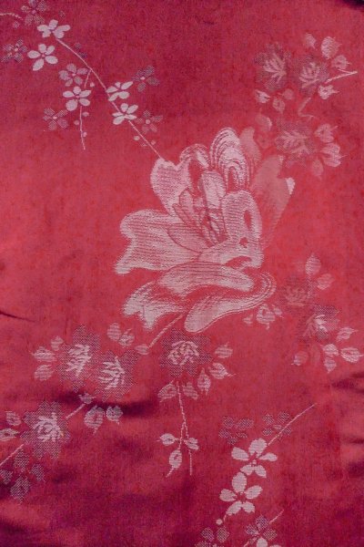 Photo3: O0712C Antique Japanese kimono   Dark Red ORI woven for women / Silk. Flower,   (Grade C) (3)