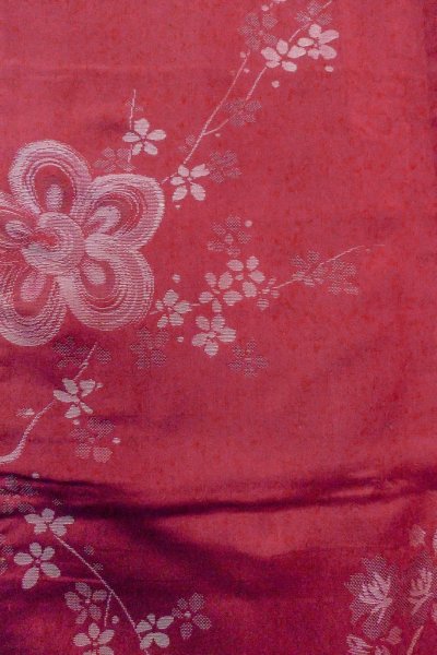 Photo4: O0712C Antique Japanese kimono   Dark Red ORI woven for women / Silk. Flower,   (Grade C) (4)