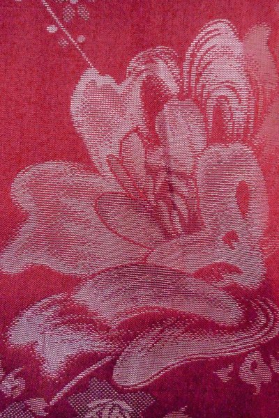 Photo5: O0712C Antique Japanese kimono   Dark Red ORI woven for women / Silk. Flower,   (Grade C) (5)