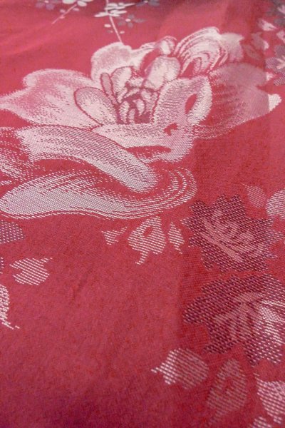 Photo8: O0712C Antique Japanese kimono   Dark Red ORI woven for women / Silk. Flower,   (Grade C) (8)