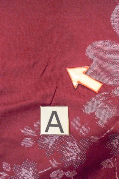 Photo14: O0712C Antique Japanese kimono   Dark Red ORI woven for women / Silk. Flower,   (Grade C) (14)