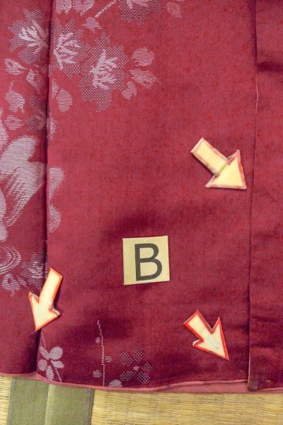 Photo15: O0712C Antique Japanese kimono   Dark Red ORI woven for women / Silk. Flower,   (Grade C) (15)