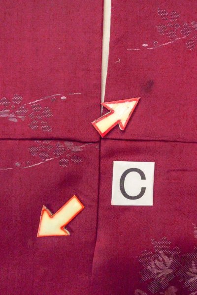 Photo16: O0712C Antique Japanese kimono   Dark Red ORI woven for women / Silk. Flower,   (Grade C) (16)