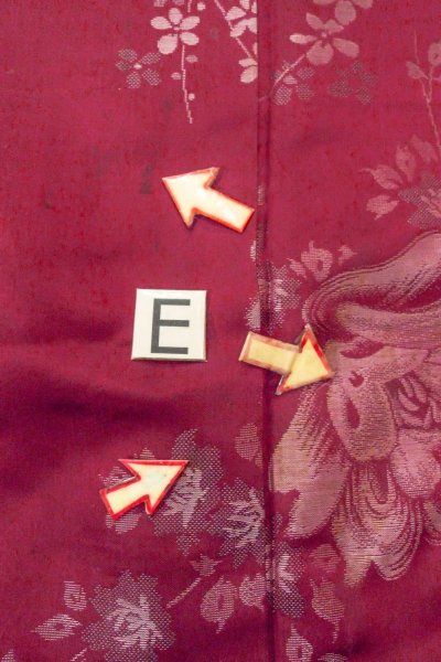 Photo18: O0712C Antique Japanese kimono   Dark Red ORI woven for women / Silk. Flower,   (Grade C) (18)