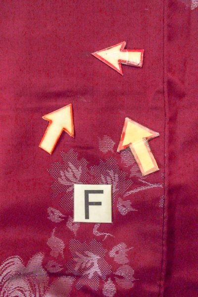 Photo19: O0712C Antique Japanese kimono   Dark Red ORI woven for women / Silk. Flower,   (Grade C) (19)