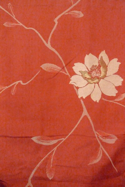 Photo4: O0712D Antique Japanese kimono   Coral ORI woven for women / Silk. Flower   (Grade B) (4)