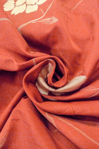 Photo11: O0712D Antique Japanese kimono   Coral ORI woven for women / Silk. Flower   (Grade B) (11)