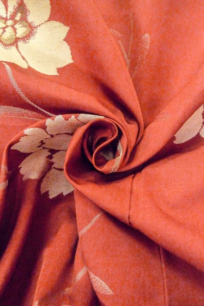 Photo12: O0712D Antique Japanese kimono   Coral ORI woven for women / Silk. Flower   (Grade B) (12)