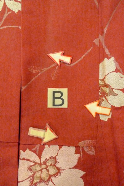 Photo15: O0712D Antique Japanese kimono   Coral ORI woven for women / Silk. Flower   (Grade B) (15)