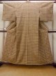 Photo1: O0718B Vintage Japanese kimono   Beige TSUMUGI pongee for women / Silk. Plaid Checks   (Grade D) (1)
