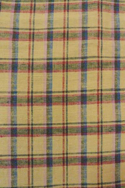 Photo6: O0718B Vintage Japanese kimono   Beige TSUMUGI pongee for women / Silk. Plaid Checks   (Grade D) (6)