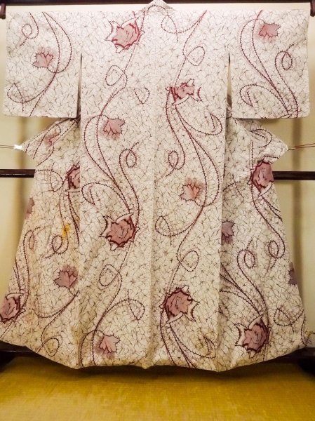 Photo1: O0718I Vintage Japanese kimono   White ORI woven for women / Silk. Rose,   (Grade C) (1)