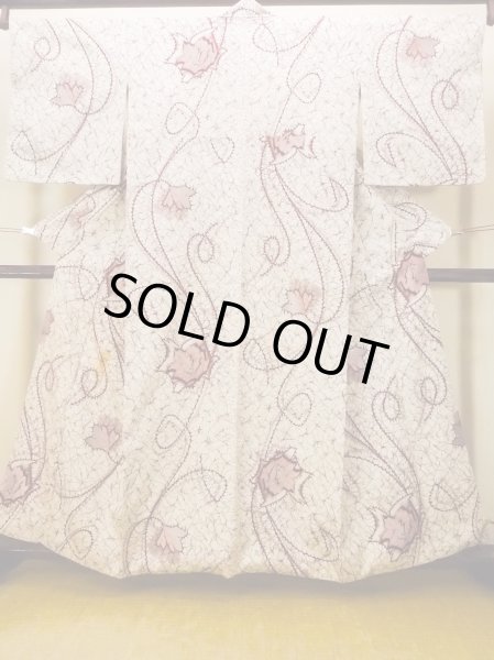 Photo1: O0718I Vintage Japanese kimono   White ORI woven for women / Silk. Rose,   (Grade C) (1)