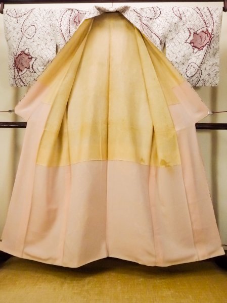 Photo2: O0718I Vintage Japanese kimono   White ORI woven for women / Silk. Rose,   (Grade C) (2)