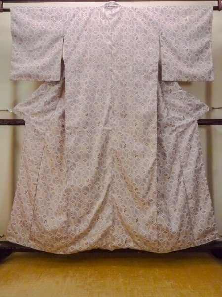 Photo1: O0718M Vintage Japanese kimono   Ivory ORI woven for women / Silk. Flower,   (Grade C) (1)