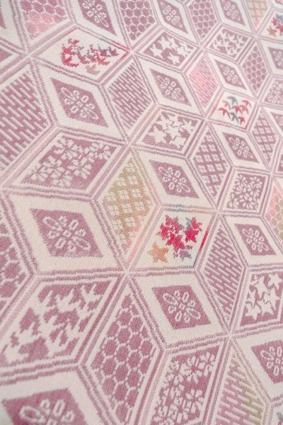Photo8: O0718M Vintage Japanese kimono   Ivory ORI woven for women / Silk. Flower,   (Grade C) (8)