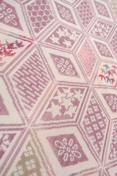 Photo9: O0718M Vintage Japanese kimono   Ivory ORI woven for women / Silk. Flower,   (Grade C) (9)