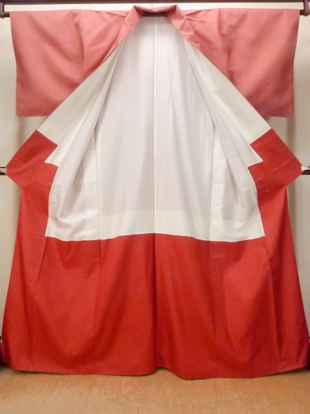 Photo2: O0718N Vintage Japanese kimono  Vivid Vermilion ORI woven for women / Silk. Cross   (Grade A) (2)
