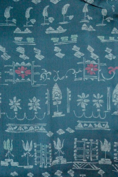 Photo3: O0718O Vintage Japanese kimono   Teal ORI woven for women / Silk. Flower,   (Grade B) (3)