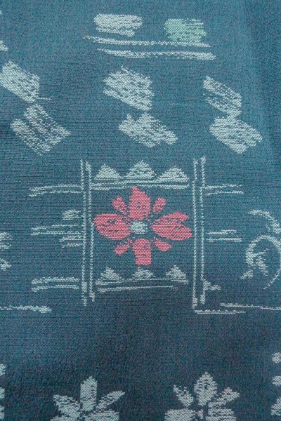Photo5: O0718O Vintage Japanese kimono   Teal ORI woven for women / Silk. Flower,   (Grade B) (5)