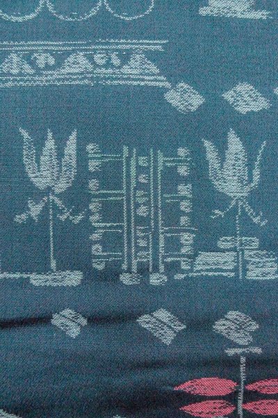 Photo7: O0718O Vintage Japanese kimono   Teal ORI woven for women / Silk. Flower,   (Grade B) (7)