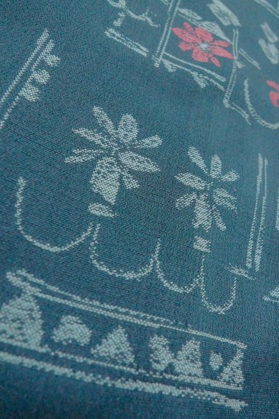Photo8: O0718O Vintage Japanese kimono   Teal ORI woven for women / Silk. Flower,   (Grade B) (8)