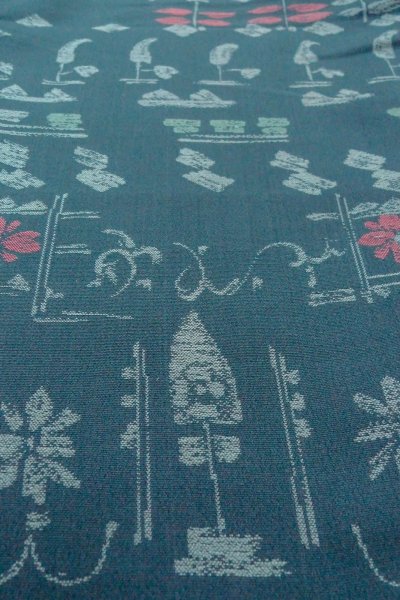 Photo10: O0718O Vintage Japanese kimono   Teal ORI woven for women / Silk. Flower,   (Grade B) (10)