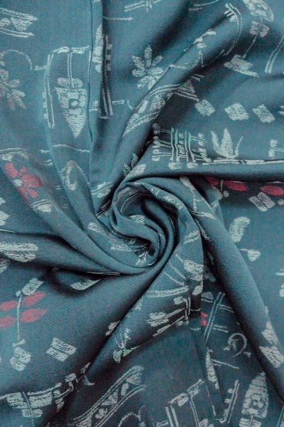 Photo11: O0718O Vintage Japanese kimono   Teal ORI woven for women / Silk. Flower,   (Grade B) (11)