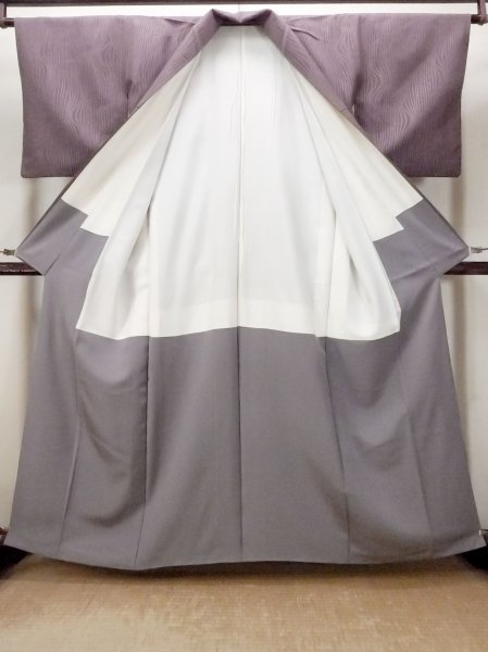 Photo2: O0718P Vintage Japanese kimono  Grayish Purple ORI woven for women / Silk. Wood grain pattern   (Grade B) (2)