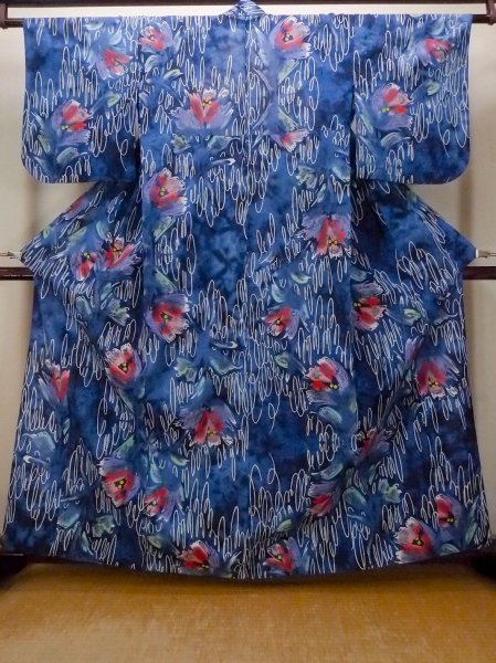 Photo1: O0718T Vintage Japanese kimono   Indigo Blue Pour Dyed Yukata for women / Cotton. Flower,   (Grade B) (1)