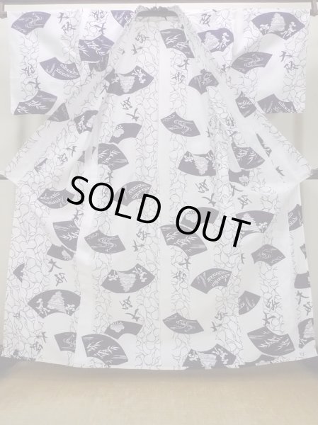 Photo3: O0718V Vintage Japanese kimono   White YUKATA summer(made in Japan) for women / Cotton. KIRI paulownia, Osaka castle motif  (Grade C) (3)