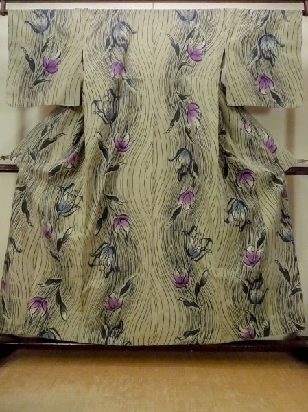 Photo1: O0719C Vintage Japanese kimono  Grayish Olive Pour Dyed Yukata for women / Cotton. Flower,   (Grade B) (1)