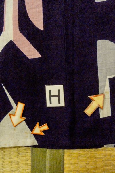 Photo19: O0719D Vintage Japanese kimono   Indigo Blue YUKATA summer(made in Japan) for women / Cotton/hemp Abstract pattern   (Grade C) (19)