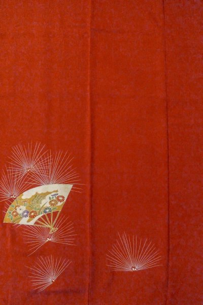 Photo5: Mint O0805D Vintage Japanese kimono  Dark Vermilion TSUKESAGE formal for women / Silk. Chrysanthemum,   (Grade A) (5)