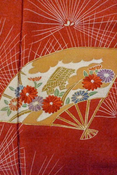 Photo6: Mint O0805D Vintage Japanese kimono  Dark Vermilion TSUKESAGE formal for women / Silk. Chrysanthemum,   (Grade A) (6)