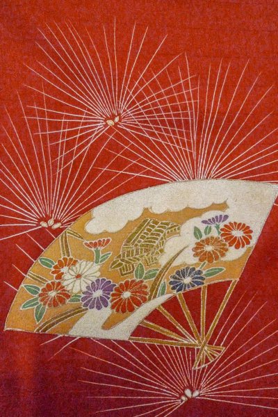 Photo8: Mint O0805D Vintage Japanese kimono  Dark Vermilion TSUKESAGE formal for women / Silk. Chrysanthemum,   (Grade A) (8)