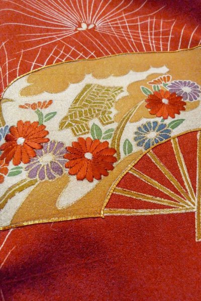 Photo9: Mint O0805D Vintage Japanese kimono  Dark Vermilion TSUKESAGE formal for women / Silk. Chrysanthemum,   (Grade A) (9)