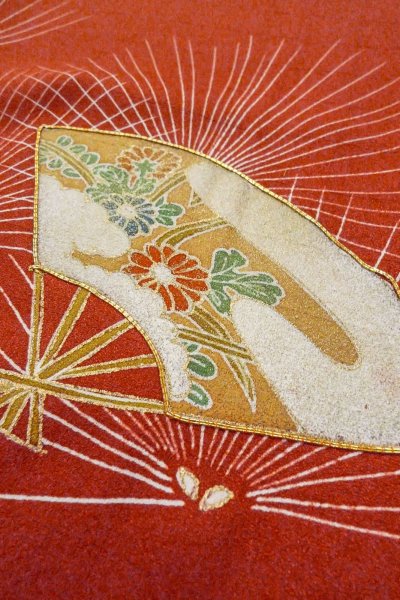 Photo10: Mint O0805D Vintage Japanese kimono  Dark Vermilion TSUKESAGE formal for women / Silk. Chrysanthemum,   (Grade A) (10)