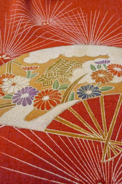 Photo11: Mint O0805D Vintage Japanese kimono  Dark Vermilion TSUKESAGE formal for women / Silk. Chrysanthemum,   (Grade A) (11)