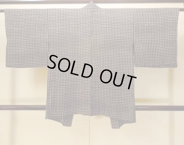 Photo3: O0805G Vintage Japanese kimono   Black HAORI short jacket for women / Silk. Plaid Checks   (Grade C) (3)