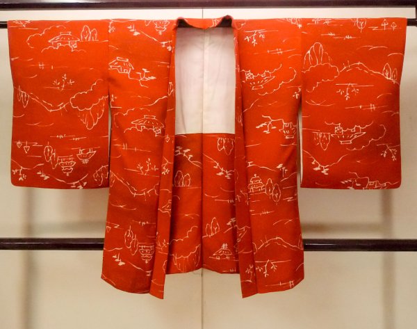 Photo1: Mint O0805H Vintage Japanese kimono   Vermilion HAORI short jacket for women / Silk. House,   (Grade A) (1)