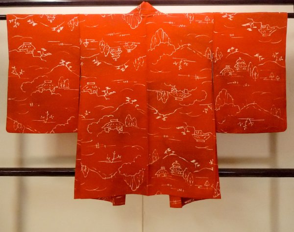 Photo2: Mint O0805H Vintage Japanese kimono   Vermilion HAORI short jacket for women / Silk. House,   (Grade A) (2)