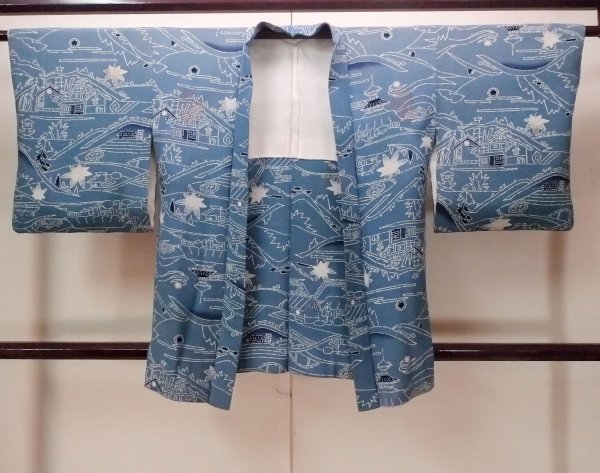 Photo1: O0805S Vintage Japanese kimono  Grayish Blue HAORI short jacket for women / Silk. MOMIJI maple leaf,   (Grade C) (1)