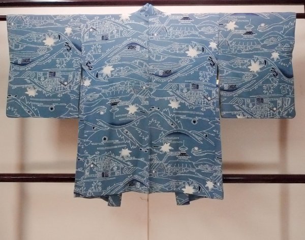 Photo2: O0805S Vintage Japanese kimono  Grayish Blue HAORI short jacket for women / Silk. MOMIJI maple leaf,   (Grade C) (2)