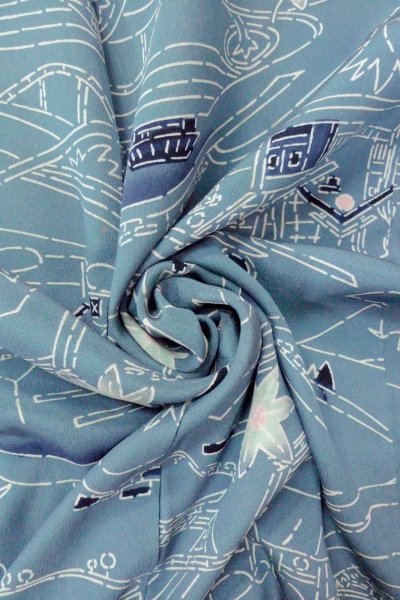 Photo12: O0805S Vintage Japanese kimono  Grayish Blue HAORI short jacket for women / Silk. MOMIJI maple leaf,   (Grade C) (12)