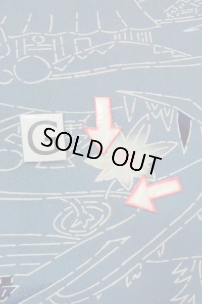 Photo20: O0805S Vintage Japanese kimono  Grayish Blue HAORI short jacket for women / Silk. MOMIJI maple leaf,   (Grade C) (20)