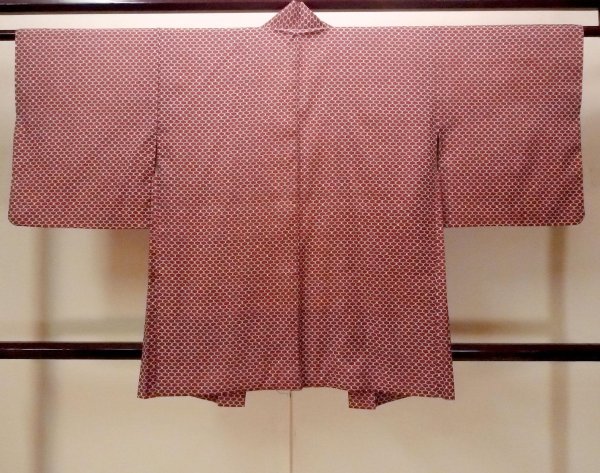 Photo2: O0805V Vintage Japanese kimono  Dark Dark Red HAORI short jacket for women / Synthetic. Geometrical pattern   (Grade B) (2)